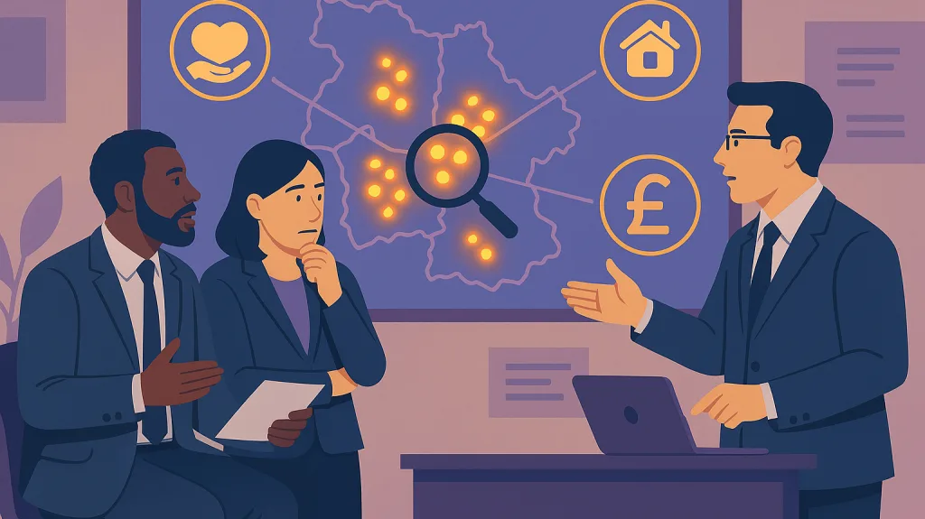 Council decision‑makers reviewing a digital map where hidden data patterns are revealed as bright clusters, with subtle icons indicating support for vulnerable people and cost savings